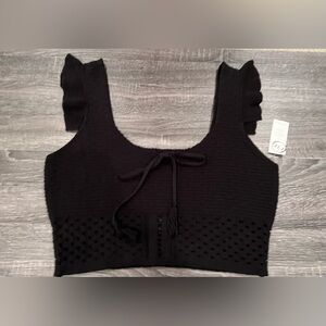 Fashion to Figure Black Knit Crop Tank Top with Ruffle Straps & Front Tie | 14